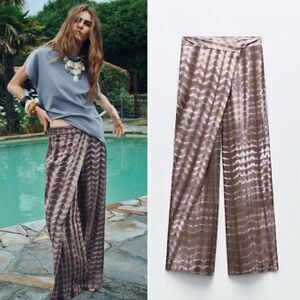 ZARA NWT Tie Dye Linen Wrap Pants Womens Large Wide Leg Lagenlook Boho Beachy